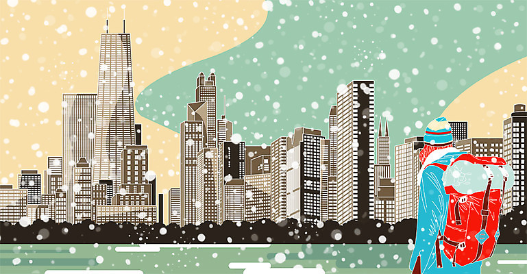 PSD 여자 해외여행 여행 겨울 일러스트 한명 상반신 성인 관광지 눈 겨울여행 배낭여행 시카고 국내일러스트 자연요소 1 해외 계절 날씨 사람 미국 파일형식