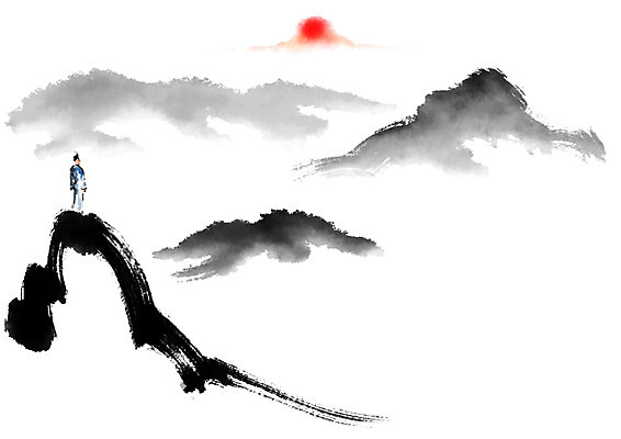 전신 PSD 남자 일러스트 캘리그라피 자연 붓터치 산 수묵화 한명 성인 태양 정상 먹 동양화 국내일러스트 자연요소 1 서예 미술 사람 생태계 파일형식