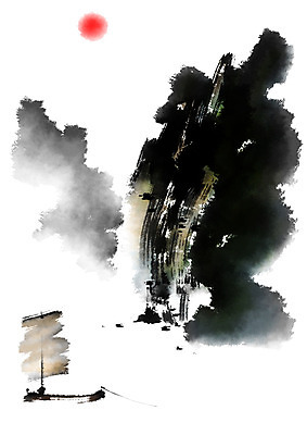 PSD 일러스트 캘리그라피 자연 붓터치 산 수묵화 사람없음 태양 먹 동양화 선박 국내일러스트 자연요소 수상교통 서예 미술 생태계 파일형식