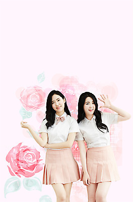 PSD 편집이미지 여자 포즈 남방 꽃무늬 서기 미소 상반신 20대 성인 두명 앞모습 친구 장미 한국인 플리츠스커트 성인여자만 트윈룩 이미지편집 옷 꽃 뷰포인트 셔츠 무늬 관계 모션 표정 사람 동양인 청년 치마 여자만 성인만 파일형식
