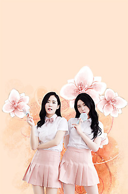 PSD 편집이미지 여자 꽃 포즈 남방 꽃무늬 사탕 서기 상반신 20대 성인 두명 앞모습 친구 한국인 플리츠스커트 성인여자만 트윈룩 이미지편집 식물 옷 뷰포인트 셔츠 무늬 관계 모션 디저트 사람 동양인 청년 치마 여자만 성인만 파일형식