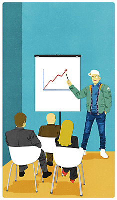 전신 PSD 여자 남자 일러스트 비즈니스 회의 그래프 서기 앉기 여러명 20대 성인 자유 보고 프레젠테이션 국내일러스트 다수 컨셉 모션 사람 청년 발표 파일형식