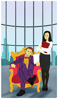 전신 PSD 여자 남자 일러스트 회사 비즈니스 창문 서기 앉기 정장 20대 성인 두명 자유 도시 사장 파일 비서 서류통 왕좌 국내일러스트 직업 옷 컨셉 모션 사람 청년 사무용품 파일형식