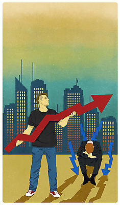 전신 PSD 남자 화살표 일러스트 비즈니스 성공 서기 20대 성인 두명 기쁨 자유 슬픔 도시 비교 실패 하락 상승 주가 주가상승 주가하락 국내일러스트 감정 컨셉 모션 사람 청년 좌절 주식 파일형식