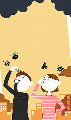 PSD 여자 남자 일러스트 마스크 서기 상반신 20대 성인 두명 먹구름 박테리아 안약 황사 눈비비기 미세먼지 국내일러스트 의학 모션 사람 청년 먼지 파일형식 구름_자연