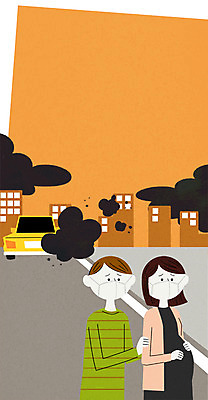 PSD 부부 여자 남자 일러스트 자동차 마스크 서기 상반신 20대 성인 두명 임산부 도시 오염 찡그림 먹구름 매연 황사 미세먼지 국내일러스트 커플 육상교통 모션 표정 사람 청년 임신 환경오염 먼지 파일형식 구름_자연