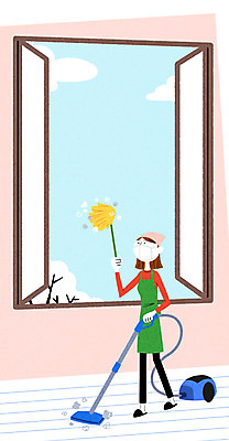 전신 PSD 구름 여자 일러스트 창문 하늘 집안 마스크 한명 서기 20대 성인 청소 먼지 청소기 먼지털기 환기 국내일러스트 자연요소 1 모션 실내 사람 청년 전자제품 청소도구 파일형식