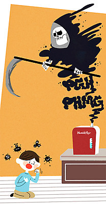 전신 PSD 남자 어린이 일러스트 집안 해골 한명 앉기 위험 박테리아 가습기 기침 사신 유해물질 국내일러스트 1 컨셉 의학 모션 뼈 실내 사람 파일형식