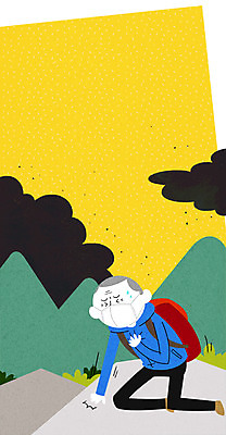 전신 PSD 노년 남자 50대 일러스트 산 한명 등산 무릎꿇기 먹구름 호흡곤란 황사 미세먼지 쓰러짐 국내일러스트 1 중년 모션 사람 성인 트래킹 먼지 증상 파일형식 구름_자연