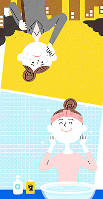 여자 일러스트 집안 서기 웃음 상반신 20대 성인 두명 청결 도시 찡그림 세수 먹구름 화장실 황사 미세먼지 국내일러스트 모션 실내 표정 사람 청년 위생 먼지 구름_자연