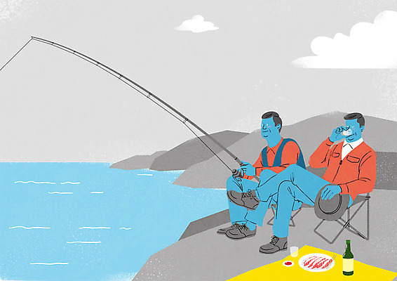 전신 PSD 남자 40대 일러스트 낚시 앉기 성인 취미 두명 회 강가 아저씨 소주 국내일러스트 음식 중년 모션 레저 주류 사람 강 파일형식