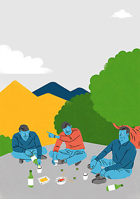 전신 PSD 남자 40대 일러스트 대화 앉기 성인 세명 등산 아저씨 막걸리 산정상 국내일러스트 중년 모션 주류 말하기 사람 트래킹 정상 파일형식