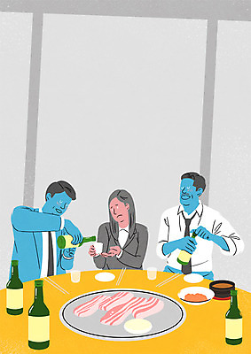 PSD 여자 남자 40대 일러스트 앉기 상반신 20대 성인 세명 삼겹살 아저씨 소주 술자리 회식 고깃집 국내일러스트 중년 모션 주류 돼지고기 사람 청년 식당 식사 파일형식