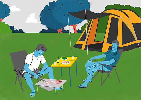 전신 PSD 나무 남자 40대 일러스트 앉기 성인 두명 바비큐 캠핑장 아저씨 여흥 국내일러스트 식물 음식 중년 모션 사람 캠핑 파일형식