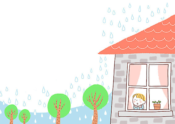 PSD 나무 남자 화분 어린이 일러스트 창문 주택 한명 소년 상반신 커튼 비 안식처 국내일러스트 자연요소 식물 1 날씨 휴식 사람 건물 파일형식