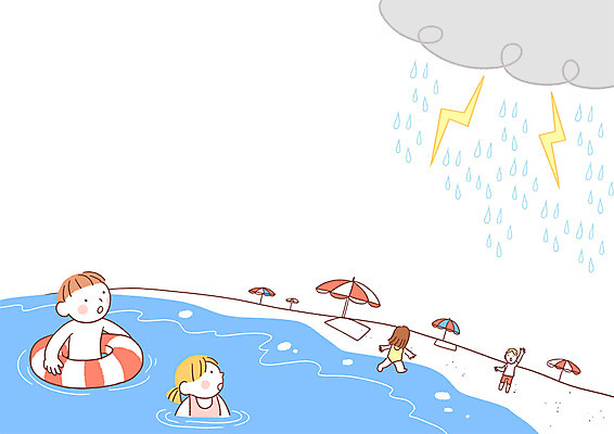 PSD 어린이 바다 일러스트 휴가 소녀 소년 여러명 여름 파라솔 비 번개 해수욕장 먹구름 해수욕 튜브 국내일러스트 자연요소 계절 여자 남자 다수 날씨 사람 파일형식 구름_자연