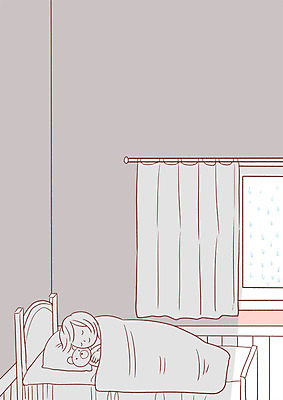 PSD 여자 어린이 일러스트 창문 한명 소녀 눕기 곰인형 침대 잠 커튼 비 방안 안식처 국내일러스트 자연요소 1 인형 가구 모션 날씨 휴식 사람 파일형식