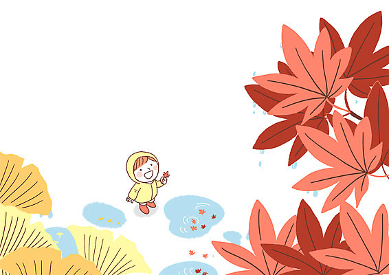 전신 PSD 단풍 일러스트 나뭇잎 한명 서기 소녀 가을 비 은행잎 웅덩이 우비 국내일러스트 자연요소 1 옷 계절 여자 어린이 잎 모션 날씨 사람 파일형식