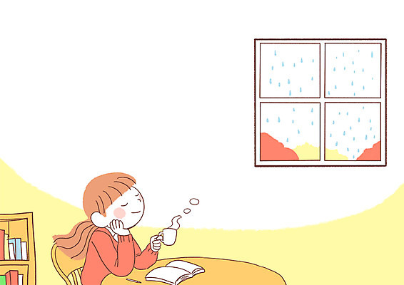 PSD 여자 커피 일러스트 창문 티타임 책장 한명 앉기 상반신 20대 성인 책 비 안식처 국내일러스트 자연요소 1 음료 가구 모션 날씨 휴식 사람 청년 파일형식