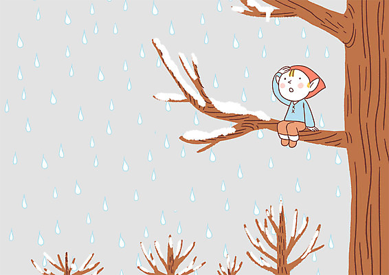 전신 PSD 나무 남자 어린이 겨울 일러스트 요정 한명 앉기 나뭇가지 눈 비 국내일러스트 자연요소 식물 1 계절 모션 날씨 사람 파일형식