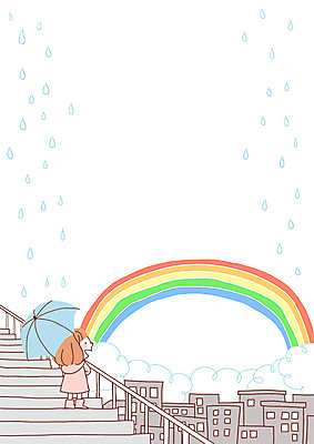 전신 PSD 여자 어린이 무지개 일러스트 우산 장화 한명 서기 소녀 건물 계단 마을 비 우비 국내일러스트 자연요소 1 건축물 옷 신발 모션 날씨 사람 파일형식
