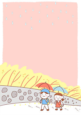 전신 PSD 여자 남자 어린이 가방 일러스트 우산 소녀 소년 두명 걷기 봄 봄비 비 개나리 등교 벽돌담 국내일러스트 자연요소 잡화 계절 꽃 모션 날씨 벽돌 사람 담장 비_날씨 등하교 파일형식