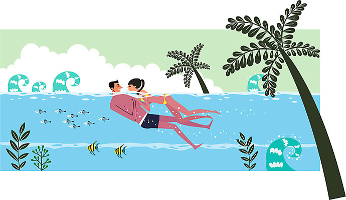 주간 전신 커플 여자 남자 행복 여유 파도 일러스트 신혼부부 휴식 어류 성인 두명 야자수 수영 하와이 트로피컬아트 국내일러스트 AI파일 자연요소 나무 부부 감정 바다 컨셉 관계 사람 미국 수중동물 수상스포츠 그림 신혼 파일형식 벡터