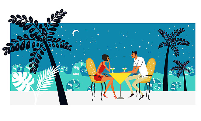 전신 커플 여자 남자 행복 별 여유 파도 의자 일러스트 신혼부부 탁자 휴식 나뭇잎 대화 앉기 성인 두명 야자수 달 칵테일 야간 하와이 감성 트로피컬아트 국내일러스트 AI파일 자연요소 나무 부부 감정 바다 가구 컨셉 잎 관계 모션 주류 말하기 사람 미국 그림 신혼 파일형식 벡터