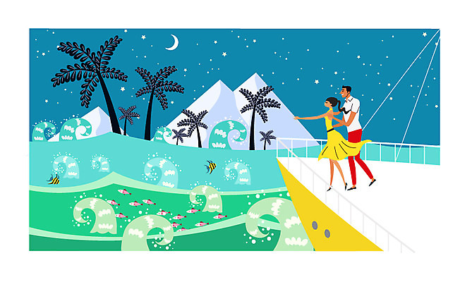 전신 커플 여자 남자 행복 별 여유 파도 바다 일러스트 신혼부부 휴식 산 어류 서기 성인 두명 야자수 달 야간 크루즈 하와이 트로피컬아트 국내일러스트 AI파일 자연요소 나무 부부 감정 컨셉 배_교통 관계 모션 사람 미국 수중동물 그림 신혼 파일형식 벡터