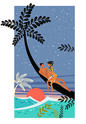 전신 커플 여자 남자 수영복 행복 별 여유 일러스트 신혼부부 휴식 나뭇잎 앉기 성인 두명 야자수 태양 노을 야간 하와이 트로피컬아트 국내일러스트 AI파일 자연요소 나무 부부 옷 감정 컨셉 잎 관계 모션 사람 미국 그림 신혼 파일형식 벡터