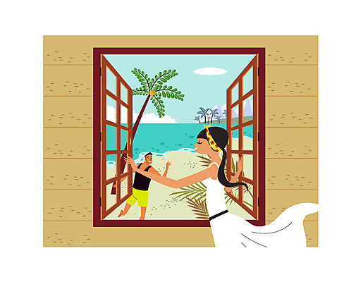 구름 커플 여자 남자 행복 여유 바다 일러스트 창문 신혼부부 하늘 숙소 아침 휴식 나뭇잎 서기 상반신 성인 해변 두명 야자수 하와이 트로피컬아트 국내일러스트 AI파일 주간 자연요소 나무 부부 감정 컨셉 잎 관계 모션 사람 미국 그림 신혼 파일형식 벡터
