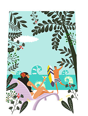 주간 전신 구름 커플 여자 남자 행복 여유 파도 바다 일러스트 신혼부부 하늘 휴식 나뭇잎 서기 앉기 성인 해변 두명 야자수 칵테일 서핑보드 서핑 선탠 선베드 하와이 트로피컬아트 국내일러스트 AI파일 자연요소 나무 부부 감정 컨셉 잎 의자 관계 모션 주류 사람 미국 수상스포츠 보드_스포츠 그림 신혼 파일형식 벡터