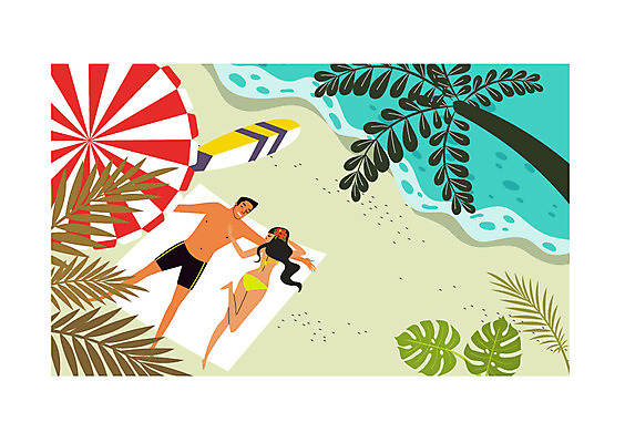 주간 전신 커플 여자 남자 행복 여유 일러스트 신혼부부 휴식 나뭇잎 성인 해변 두명 야자수 눕기 파라솔 서핑보드 선탠 돗자리 하와이 트로피컬아트 국내일러스트 AI파일 자연요소 나무 부부 감정 바다 컨셉 잎 관계 모션 사람 미국 보드_스포츠 그림 신혼 파일형식 벡터