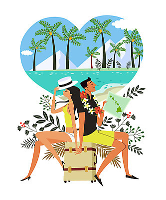 주간 전신 구름 모자 커플 여자 남자 행복 여유 지도 일러스트 신혼부부 하늘 휴식 나뭇잎 산 앉기 성인 두명 야자수 캐리어 하트 하와이 꽃목걸이 트로피컬아트 국내일러스트 AI파일 자연요소 모양 나무 부부 잡화 꽃 감정 컨셉 잎 목걸이 관계 모션 사람 여행가방 미국 그림 신혼 파일형식 벡터