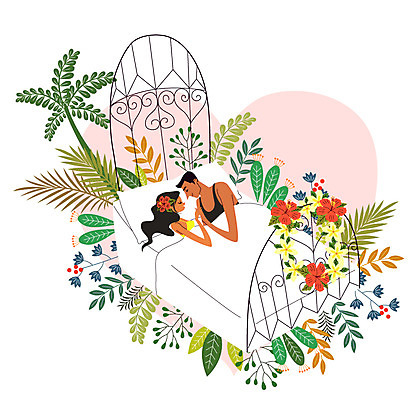 커플 여자 남자 행복 여유 일러스트 신혼부부 휴식 나뭇잎 상반신 성인 두명 야자수 눕기 하트 침대 야간 하와이 꽃목걸이 트로피컬아트 국내일러스트 AI파일 자연요소 모양 나무 부부 꽃 감정 가구 컨셉 잎 목걸이 관계 모션 사람 미국 그림 신혼 파일형식 벡터
