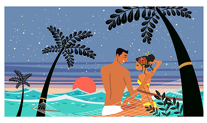 커플 여자 남자 수영복 행복 여유 일러스트 신혼부부 휴식 앉기 상반신 성인 해변 두명 야자수 태양 노을 야간 하와이 해먹 트로피컬아트 국내일러스트 AI파일 자연요소 나무 부부 옷 감정 바다 컨셉 관계 모션 사람 미국 침대 그림 신혼 파일형식 벡터