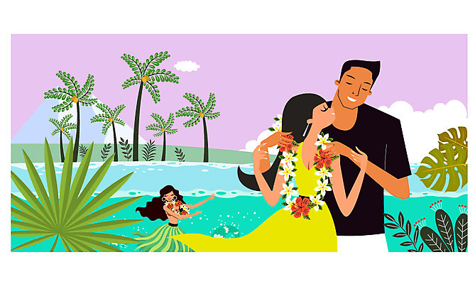 주간 구름 커플 여자 남자 행복 여유 파도 바다 일러스트 신혼부부 하늘 휴식 나뭇잎 서기 상반신 성인 세명 야자수 하와이 꽃목걸이 훌라춤 트로피컬아트 국내일러스트 AI파일 자연요소 나무 부부 꽃 감정 컨셉 잎 목걸이 관계 모션 사람 미국 춤 그림 신혼 파일형식 벡터