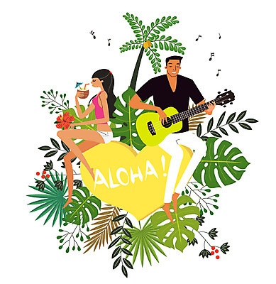 주간 전신 커플 여자 남자 행복 여유 일러스트 신혼부부 휴식 나뭇잎 앉기 성인 두명 야자수 기타 하트 먹기 하와이 야자열매 알로하 트로피컬아트 국내일러스트 AI파일 자연요소 모양 나무 부부 열매 감정 컨셉 잎 관계 모션 현악기 사람 미국 인사 그림 신혼 파일형식 벡터