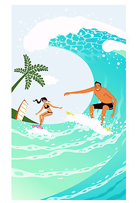 주간 전신 커플 여자 남자 수영복 행복 여유 파도 바다 일러스트 신혼부부 하늘 휴식 서기 성인 두명 야자수 서핑 하와이 국내일러스트 AI파일 자연요소 나무 부부 옷 감정 컨셉 관계 모션 사람 미국 수상스포츠 신혼 파일형식 벡터