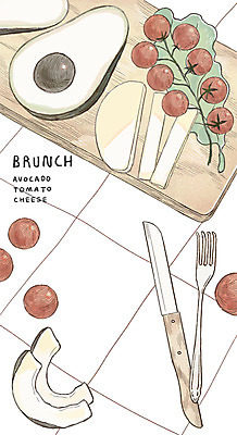 PSD 포크 일러스트 방울토마토 치즈 도마 사람없음 칼 브런치 감성 아보카도 아이템 국내일러스트 식기 컨셉 토마토 과일 주방용품 유제품 식사 파일형식