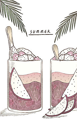 PSD 일러스트 나뭇잎 디저트 사람없음 여름 감성 아이템 용과 과일파르페 국내일러스트 계절 음식 컨셉 잎 과일 파르페 파일형식