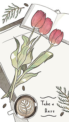 PSD 커피 일러스트 나뭇잎 프레임 사람없음 책 튤립 감성 아이템 라떼아트 국내일러스트 꽃 음료 컨셉 잎 그림 라떼 파일형식