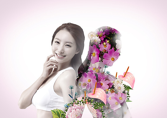 PSD 편집 편집이미지 여자 꽃 웃음 상반신 20대 성인 두명 옆모습 뷰티 한국인 탱크톱 코스모스 의료성형뷰티 이미지편집 식물 뷰포인트 상의 표정 사람 동양인 청년 파일형식