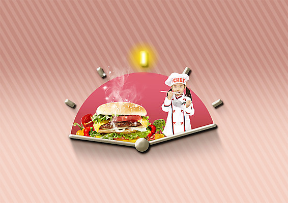 PSD 편집 편집이미지 여자 어린이 시계 요리사모자 요리 한명 상반신 요리사 한국인 햄버거 이미지편집 직업 모자_잡화 1 패스트푸드 사람 동양인 파일형식
