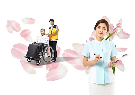 PSD 편집 편집이미지 여자 남자 꽃잎 의학 서기 앉기 20대 성인 10대 세명 펜 한국인 환자 튤립 간호사 봉사 자원봉사자 60대 휠체어 서류판 이미지편집 노년 꽃 모션 청소년 사람 동양인 청년 필기구 사무용품 의료진 도움 파일형식