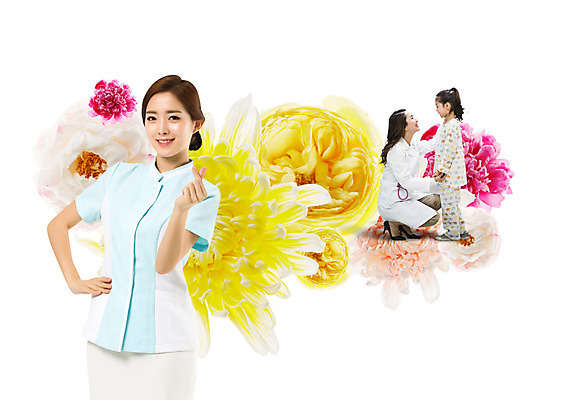 PSD 편집 편집이미지 여자 꽃 어린이 의학 서기 웃음 앉기 20대 성인 옆모습 세명 한국인 환자 간호사 의사 손하트 이미지편집 식물 뷰포인트 모션 표정 사람 동양인 손짓 청년 의료진 파일형식