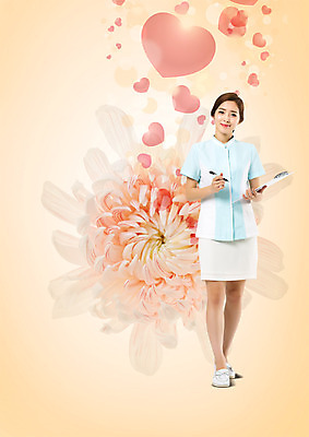 전신 PSD 편집 편집이미지 여자 꽃 의학 한명 서기 20대 성인 펜 한국인 간호사 하트 서류판 이미지편집 모양 식물 1 모션 사람 동양인 청년 필기구 사무용품 의료진 파일형식