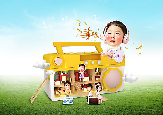 PSD 구름 편집 편집이미지 여자 어린이교육 교육 남자 어린이 음표 사다리 잔디 여러명 헤드폰 텔레비전 한국인 기타 라디오 음악교육 이미지편집 자연요소 식물 기호 음악 음향기기 다수 현악기 사람 동양인 전자제품 도구 파일형식