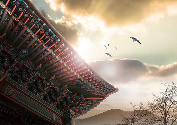 PSD 나무 구름 편집 편집이미지 명절 한국건축 조류 하늘 산 한옥 사람없음 노을 단청 처마 이미지편집 자연요소 식물 동물 한국전통 전통 기념일 건축 고건축 파일형식