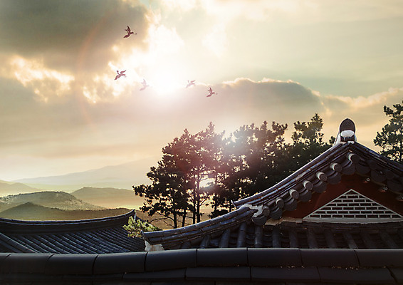 PSD 나무 구름 편집 편집이미지 명절 한국건축 조류 하늘 지붕 산 한옥 기와 기와집 사람없음 노을 이미지편집 자연요소 식물 동물 한국전통 전통 기념일 건축 고건축 파일형식